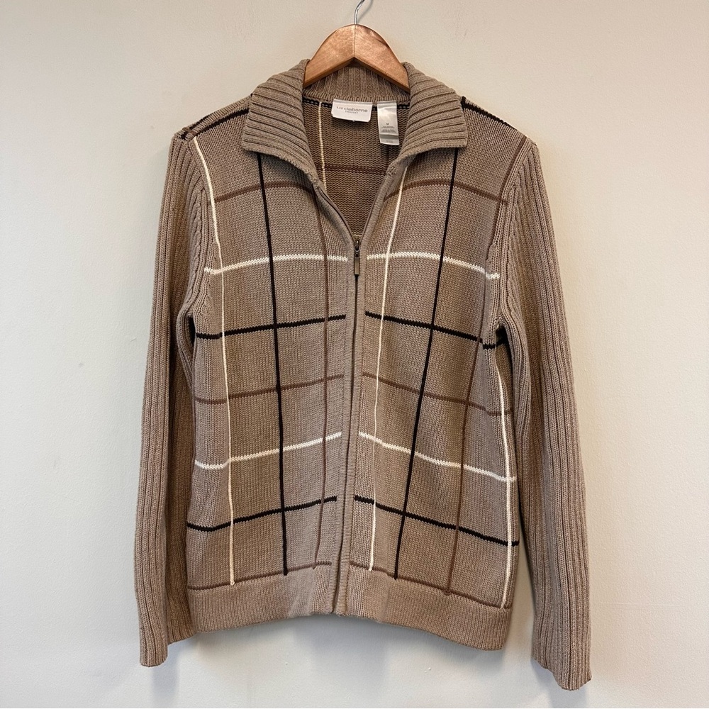 Liz Claiborne 100% Cotton Beige Windowpane Plaid Knit Sweater with Zipper